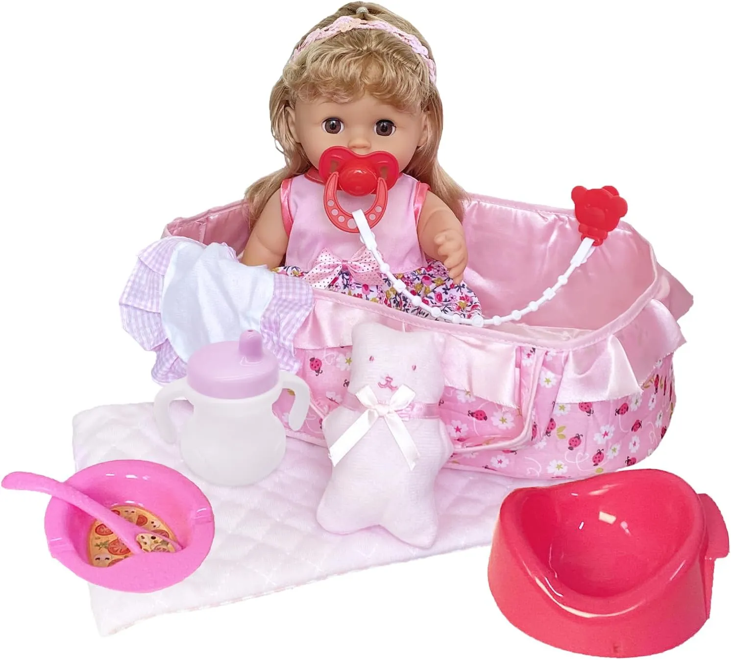 10 PCS 12 inch Baby Doll with Clothes Lovely Newborn Doll Hairband Potty Burp Cloth Bag Bottle Bowl Spoon for Kid Girls