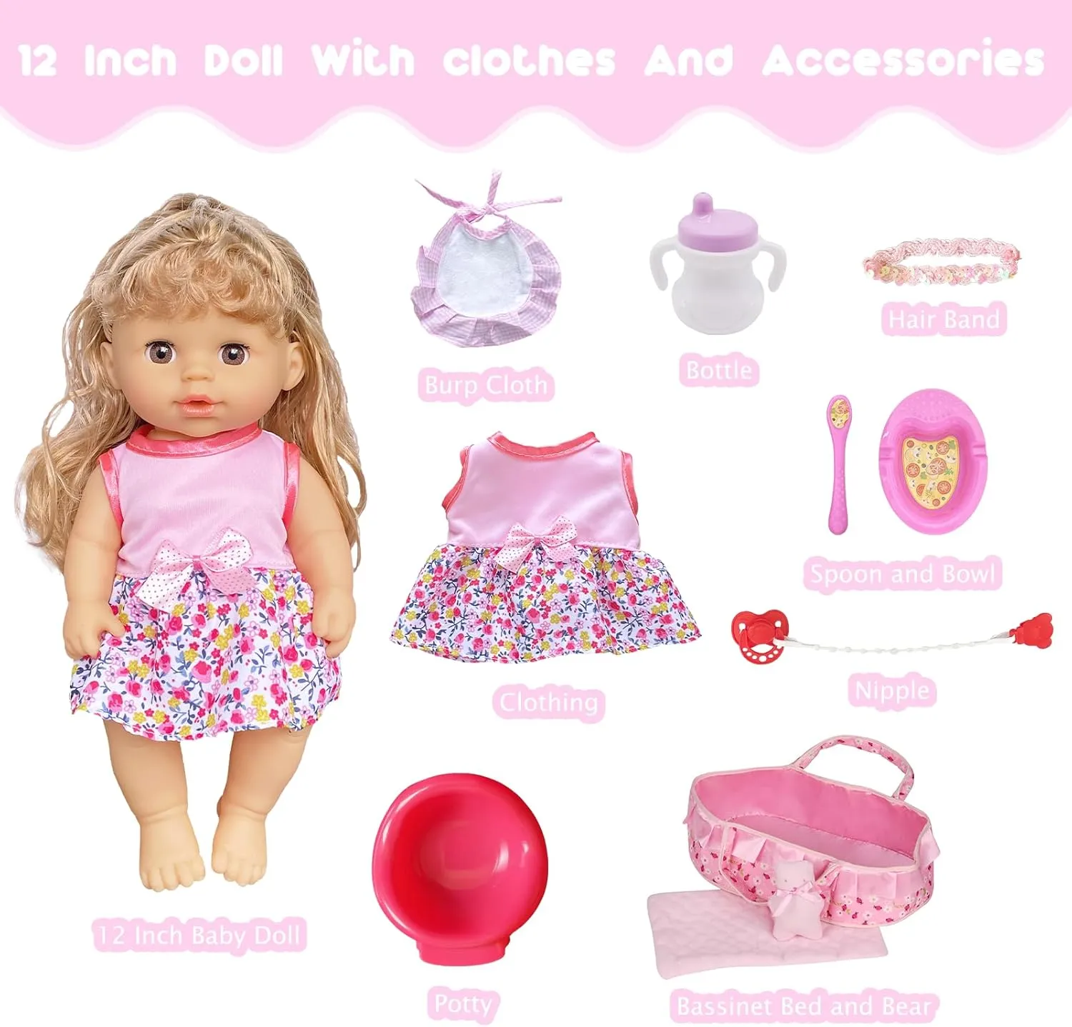 10 PCS 12 inch Baby Doll with Clothes Lovely Newborn Doll Hairband Potty Burp Cloth Bag Bottle Bowl Spoon for Kid Girls