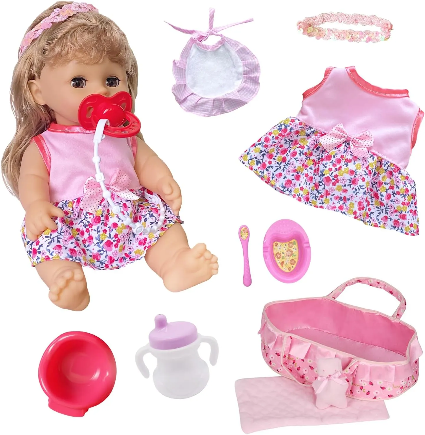 10 PCS 12 inch Baby Doll with Clothes Lovely Newborn Doll Hairband Potty Burp Cloth Bag Bottle Bowl Spoon for Kid Girls
