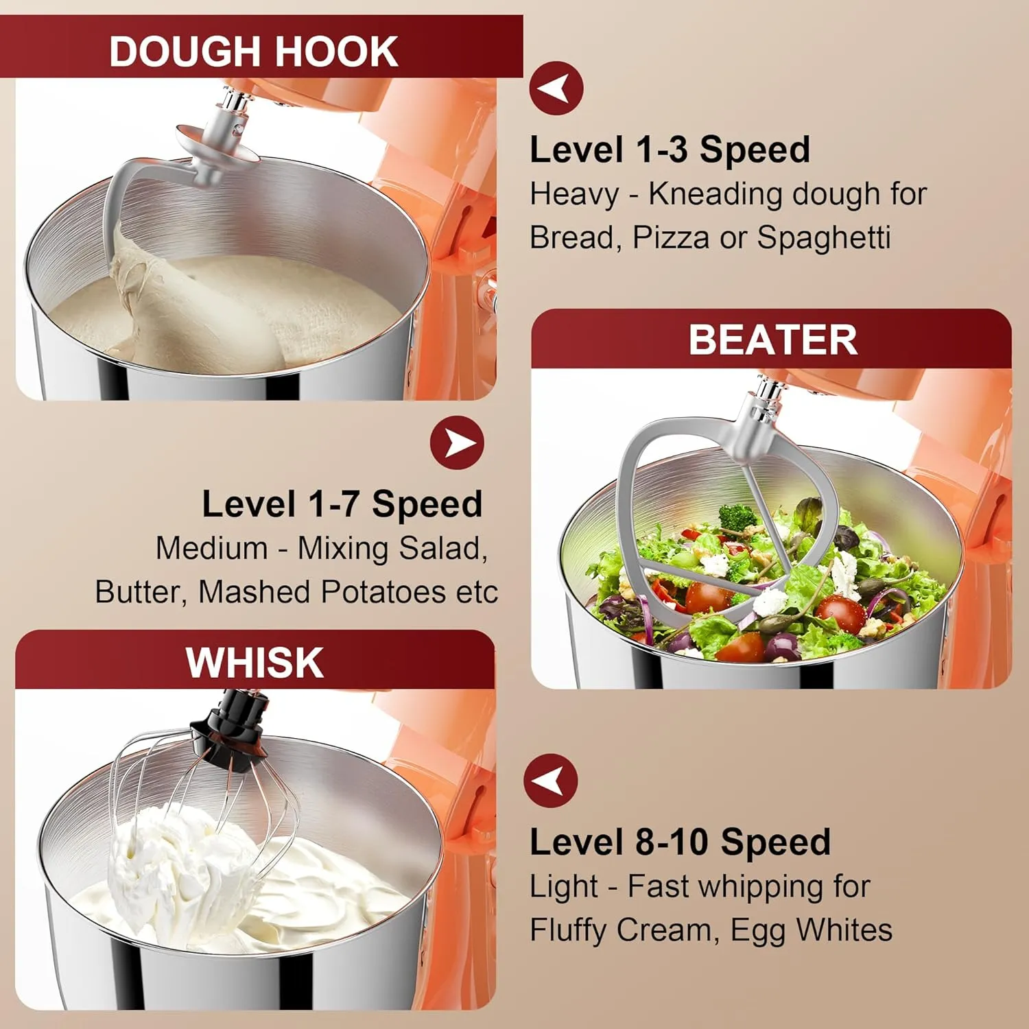 10-Speed Stand Mixer with 8-in-1 Splash Guard, Tilt-Head, 6QT Stainless Steel Bowl   Dishwasher-Safe Dough Hook/Whisk/Beater/Spatula for Baking Bread, Cakes, Cookies, Orange