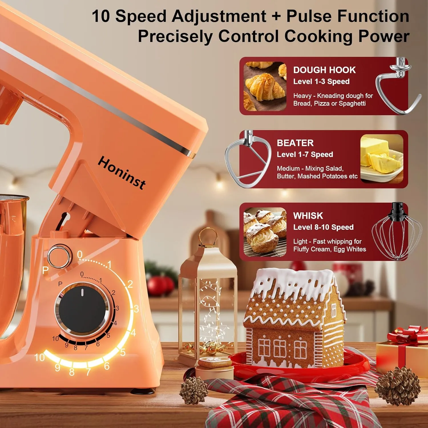 10-Speed Stand Mixer with 8-in-1 Splash Guard, Tilt-Head, 6QT Stainless Steel Bowl   Dishwasher-Safe Dough Hook/Whisk/Beater/Spatula for Baking Bread, Cakes, Cookies, Orange