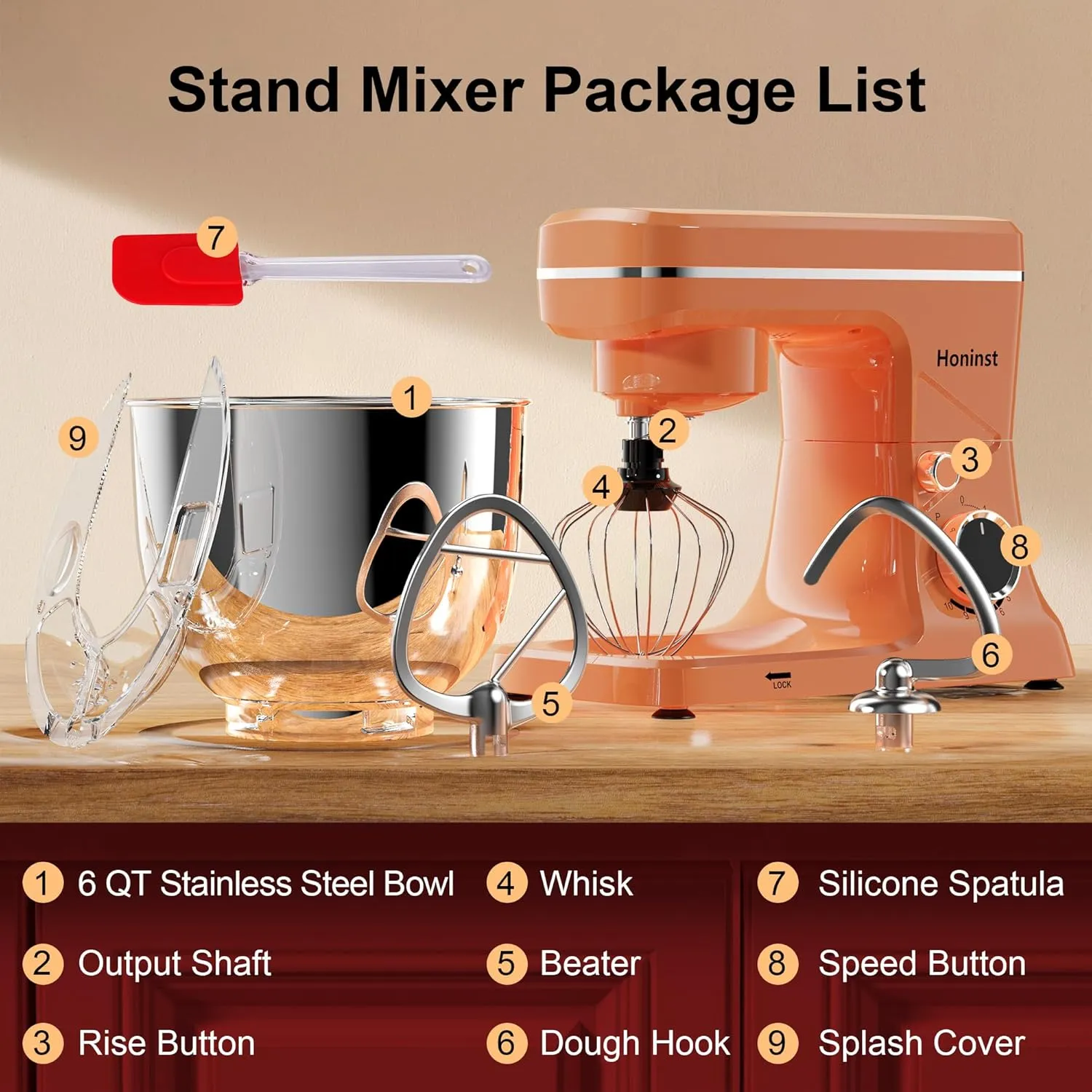 10-Speed Stand Mixer with 8-in-1 Splash Guard, Tilt-Head, 6QT Stainless Steel Bowl   Dishwasher-Safe Dough Hook/Whisk/Beater/Spatula for Baking Bread, Cakes, Cookies, Orange