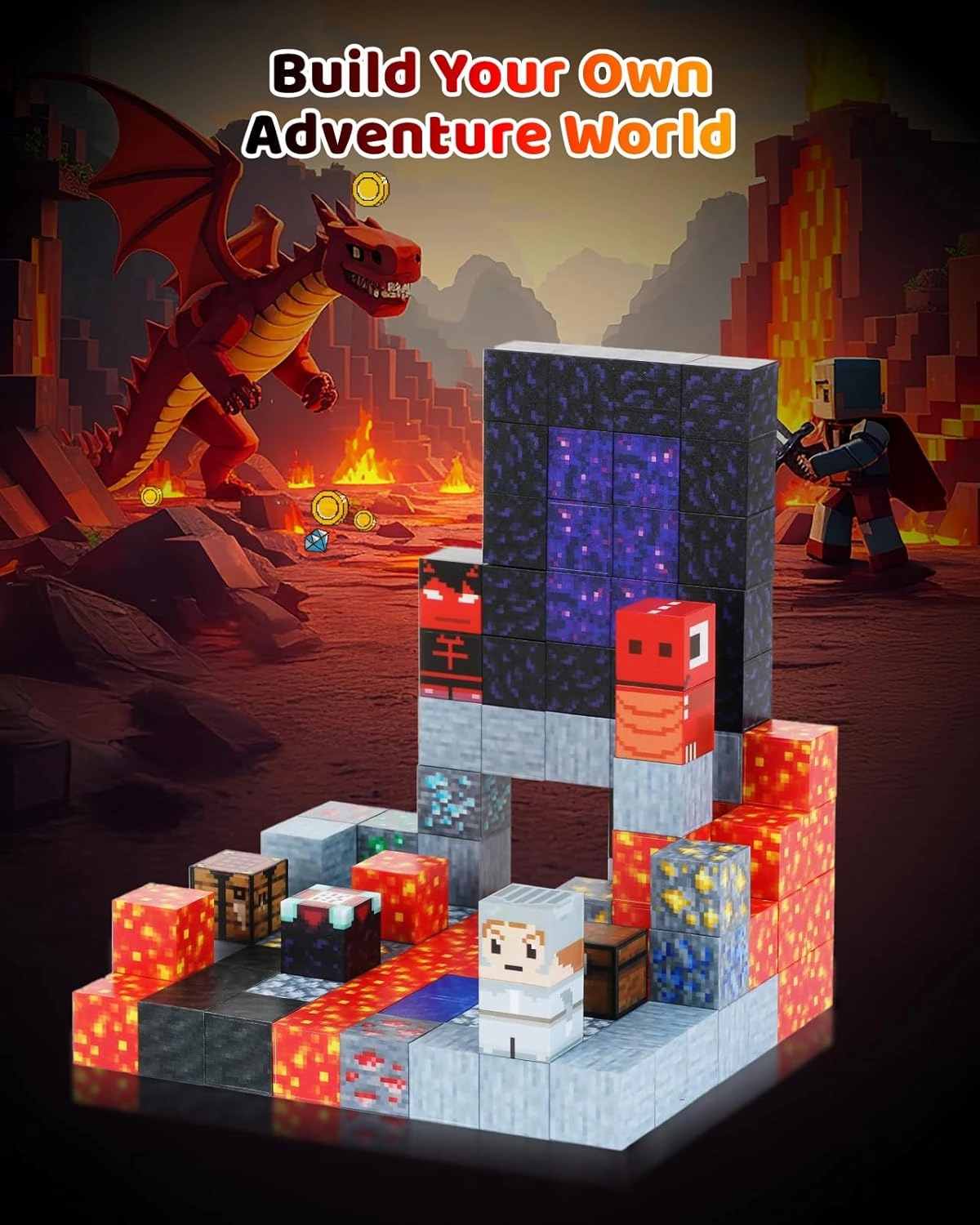 115PCS Magnetic Blocks - Building Toys for Boys Girls 3 , with 20 Unique Patterns, Lava Rivers, Volcanoes, & Dragons, STEM Sensory Toys for Kids Boys Girls Ages 3 4 5 6 7 8 9 Birthday Gifts