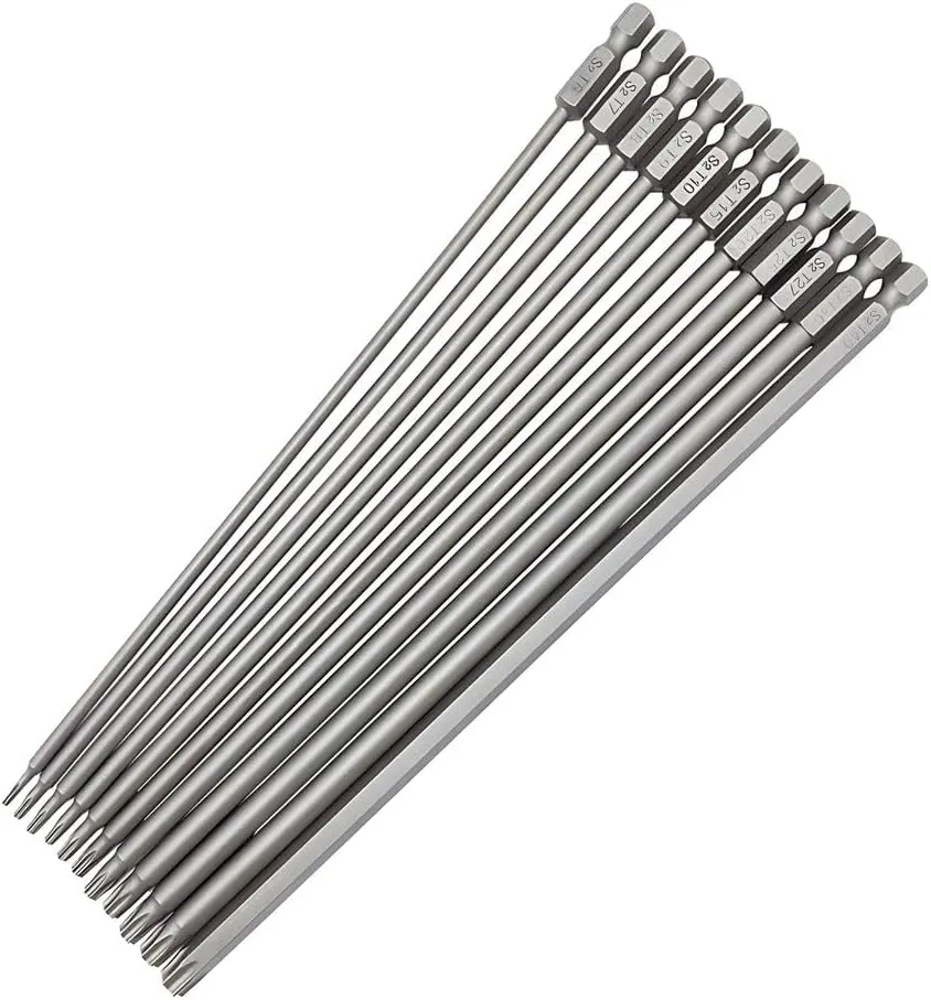 11pcs 200mm Extra Long Torx Screwdriver Bit Set, Magnetic Head S2 Steel Star Screw Driver Drill Bits 1/4" Hex Shank Tamper Proof Security Bit Set (T6-T40)