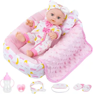 12 Inch Baby Doll Crib Playset with Dolls Clothes and Accessories Including Soft Sleep Bassinet Bed, Bottles, Nipple, Eye Mask, Slippers, Blanket, Pillow, Gift Idea for Ages 3 