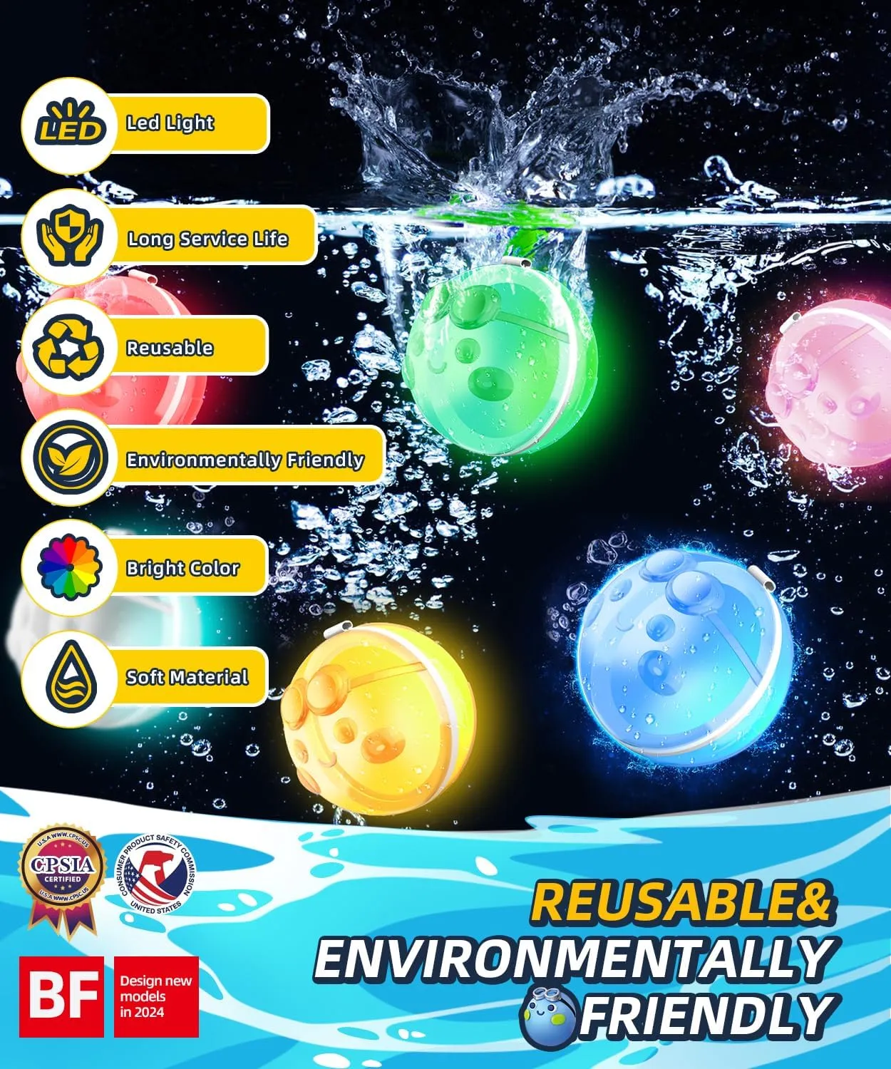 12 Pcs LED Light up Reusable Water Balloons, Pool Beach Water Toys for Boys and Girls, Outdoor Summer Toys for Kids Age 3-12, Magnetic Water Ball for Outdoor Activities