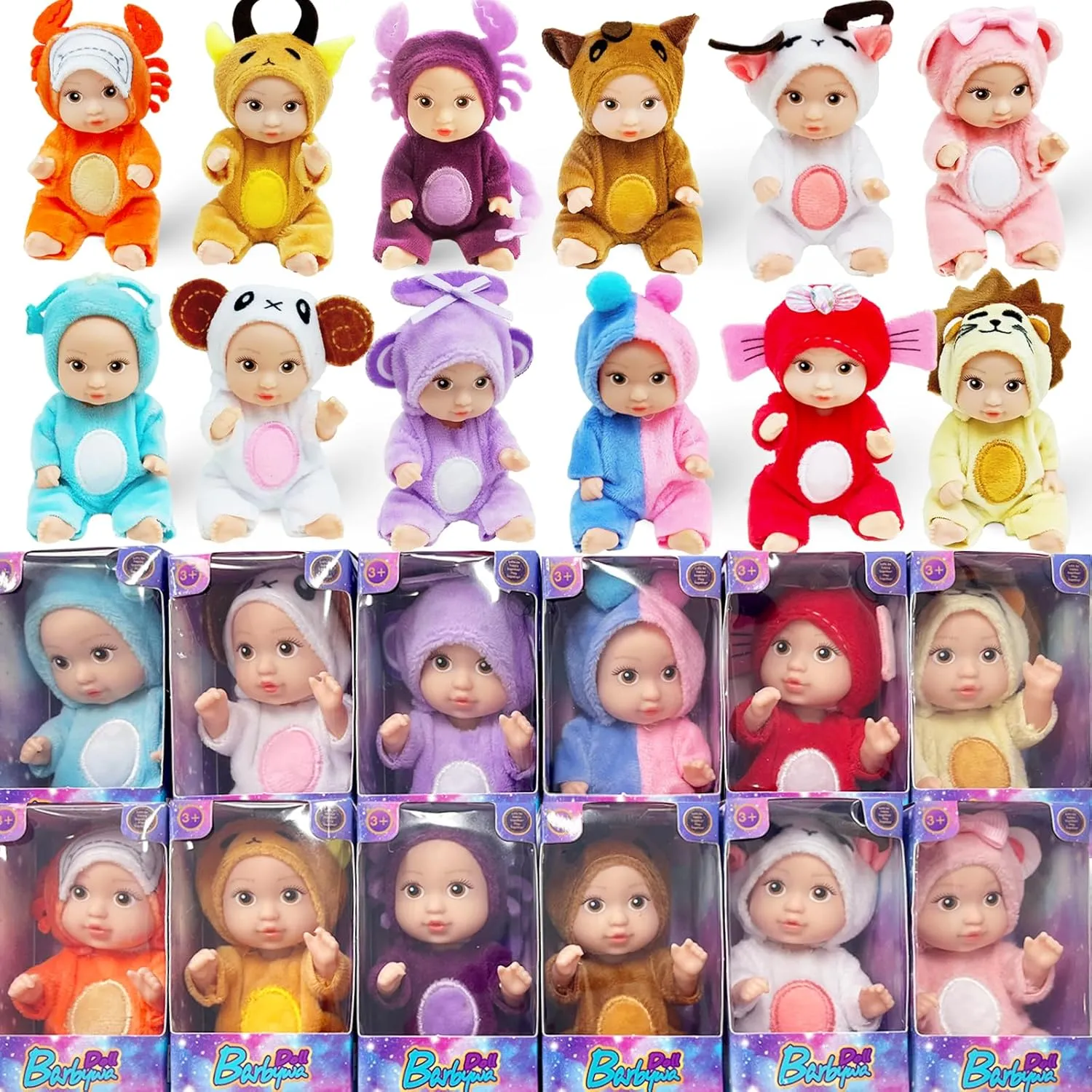 12 Pcs Mini Baby Dolls, 4.5 inch Cute Baby Dolls Toys with Animal Clothes 12 Constellations Series Tiny Reborn Babies for Girls Boys, Cute Doll Gifts for Kids Birthday Christmas