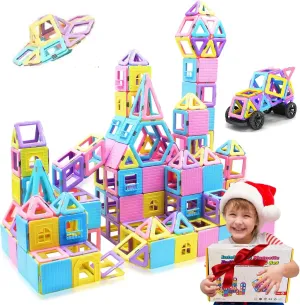 124PCS Magnetic Blocks Toys for 3 4 5 6 7  Year Old Boys Girls Macaron Castle Magnetic Tiles Building Blocks Set for Toddlers STEM Creativity/Educational Toys for Kids Age 3-6 Christmas Birthday Gifts