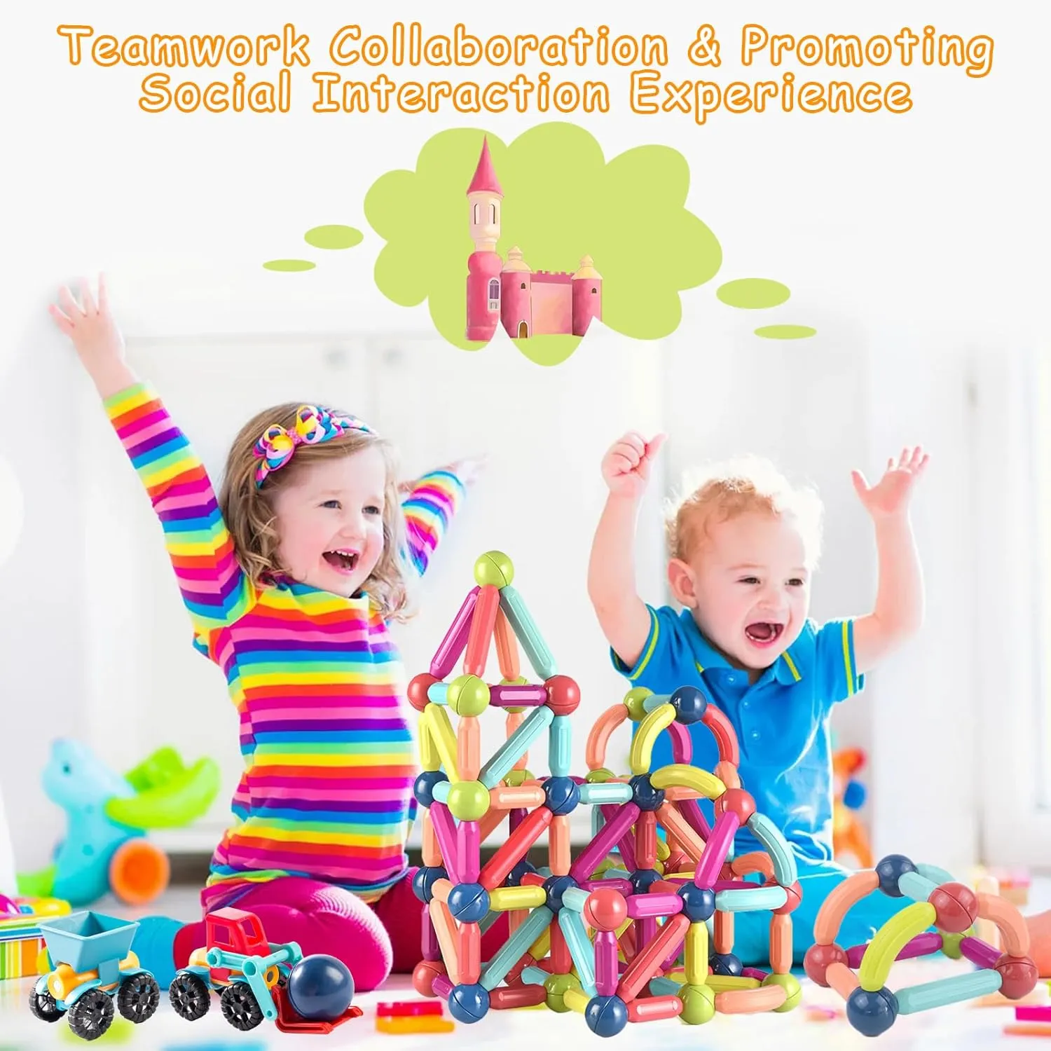 128Pcs Magnetic Blocks Kids Toys, Large Magnetic Building Sticks STEM Educational Sensory Toy Preschool Learning Montessori Toys for Toddlers Boys Girls Ages 3-8 with 2 Cars