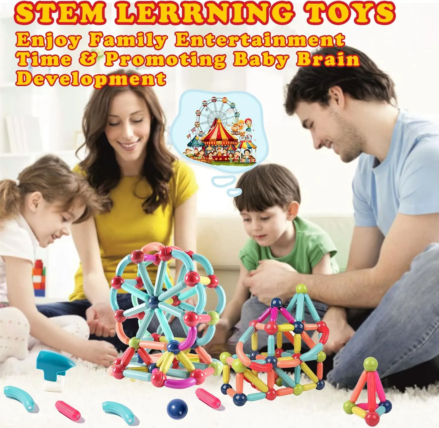 128Pcs Magnetic Blocks Kids Toys, Large Magnetic Building Sticks STEM Educational Sensory Toy Preschool Learning Montessori Toys for Toddlers Boys Girls Ages 3-8 with 2 Cars