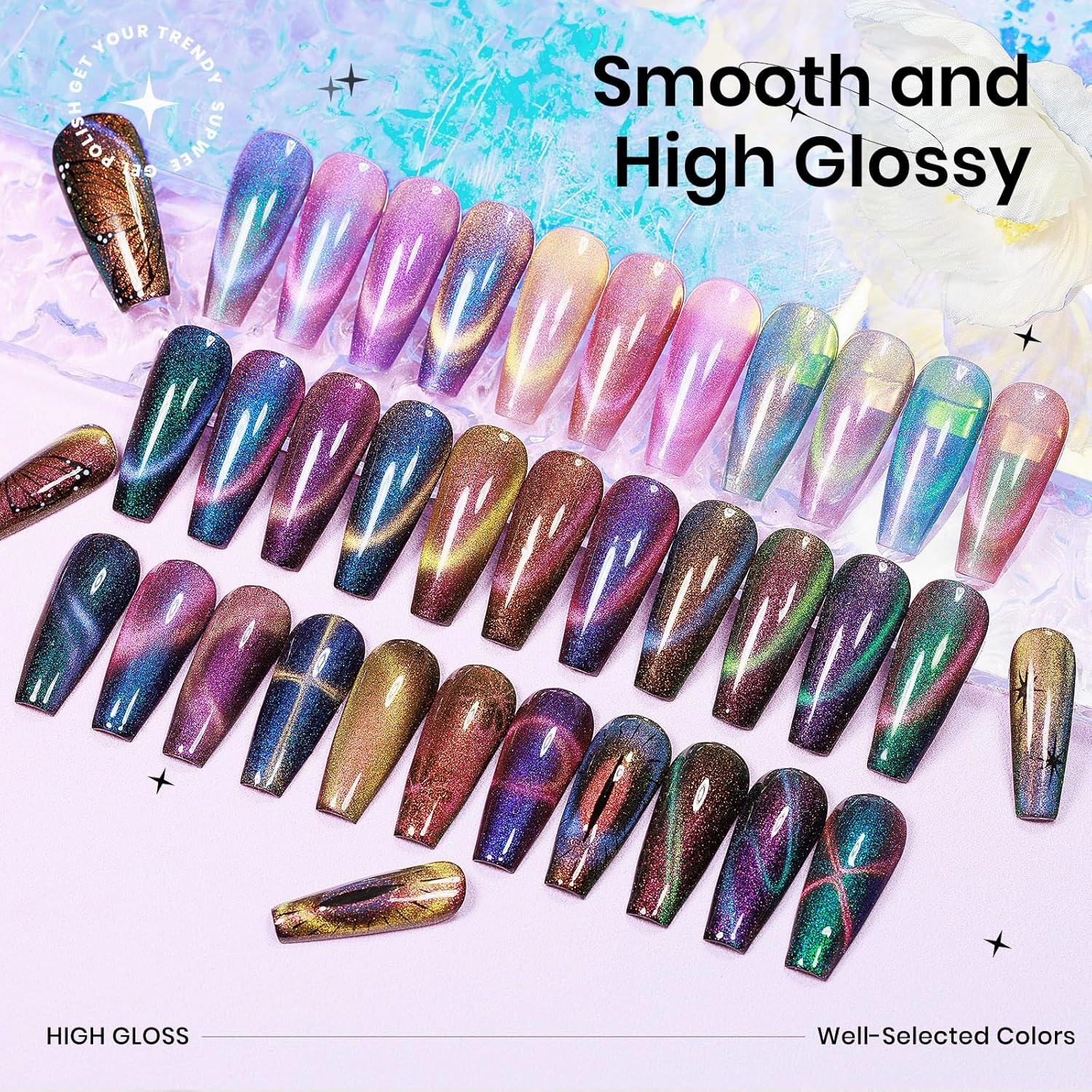 12 Colors Cat Eye Gel Polish with Magnetic Stick, Chameleon Magnetic Gel Polish Kit Trible Colors Effect Galaxy Cateyes Nail Polish Gel Collection Home DIY Manicure for Women Girl