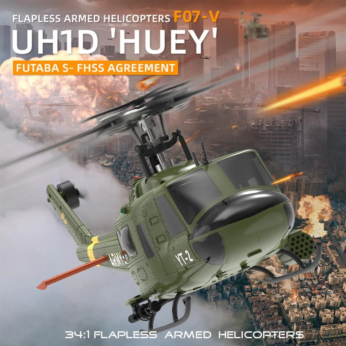 1/34 F07-V UH-1 RC Military Helicopter, 2.4G 6CH Brushless Flybarless RC Helicopter, Remote Control Helicopter for Adults Outdoor RC Helicopter, Stunt Version-RTF
