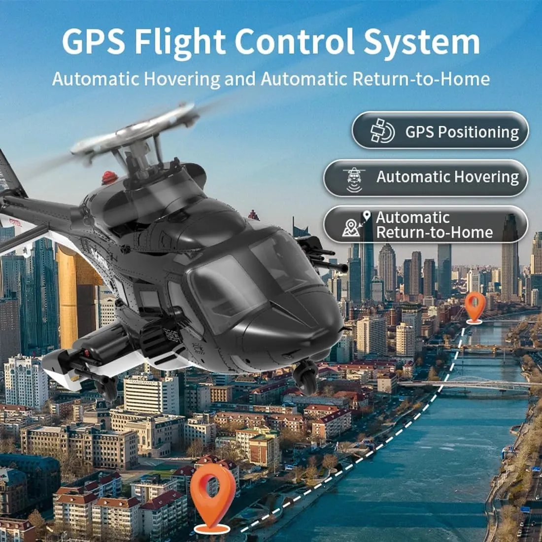 1/34 Scale F02S Flywolf GPS Smart RC Helicopter for Adults, 2.4GHz 8-Channel Tail-Less Rotor, Optical Flow Positioning Remote Control Helicopter