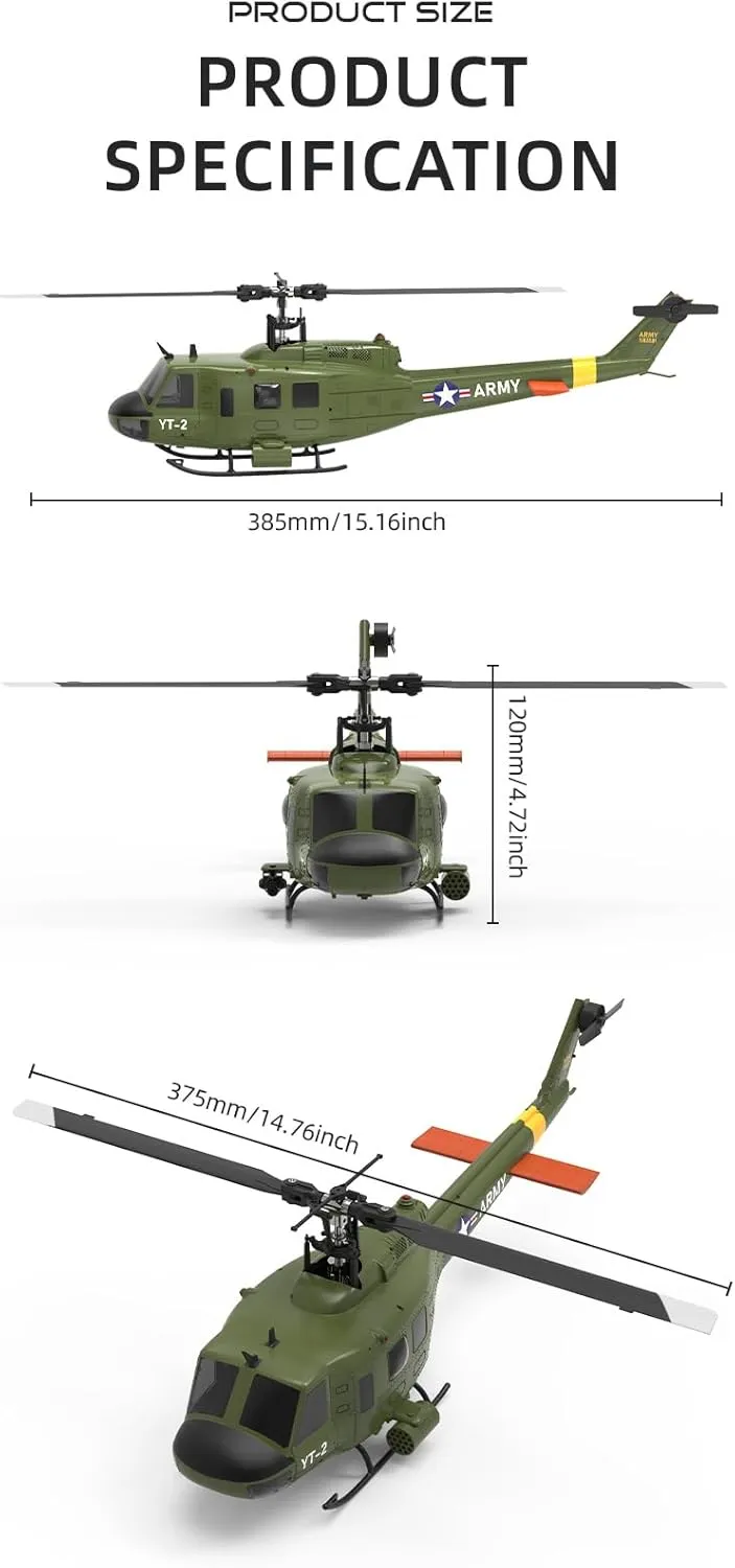 1/34 Scale RC Helicopter, YU Xiang F07 UH-1 Huey 2.4G 6CH Brushless Direct-Drive 3D/6G Flybarless Aircrafts, Remote Control Ariplane Model with Optical Flow Positioning   Battery