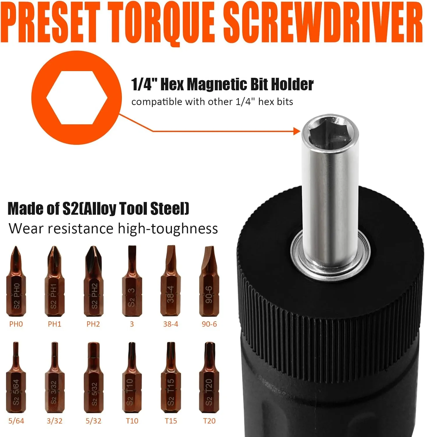 13Pcs Preset Torque Screwdriver with S2 Bits, 1/4” Drive Torque Wrench Screwdriver Set for Maintenance, Tools, Bike Repairing and Mounting, Inch Pound Torque Range 10-70 In-lb