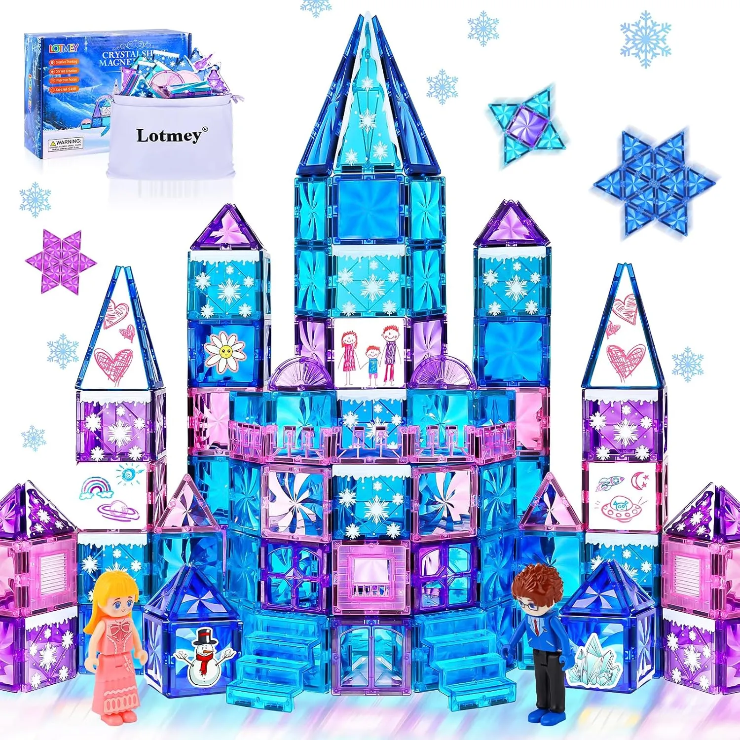 145pcs Diamond Magnetic Tiles Set with Magnetic Doodle Kit, 3D Blocks Magnet Toys for Girls 3 4-7,8-12, Educational Stem Toys Include Stairs Dolls Decals Stickers,3 4 5 6 7 8  Girls Gift