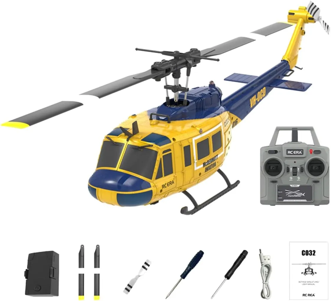 1/48 C032 RC Helicopter Model, UH-1 Huey 2.4G 6CH Flybarless Helicopter Optical Flow Positioning for Inverted Flight (RTF Version/Yellow-Blue) Battery