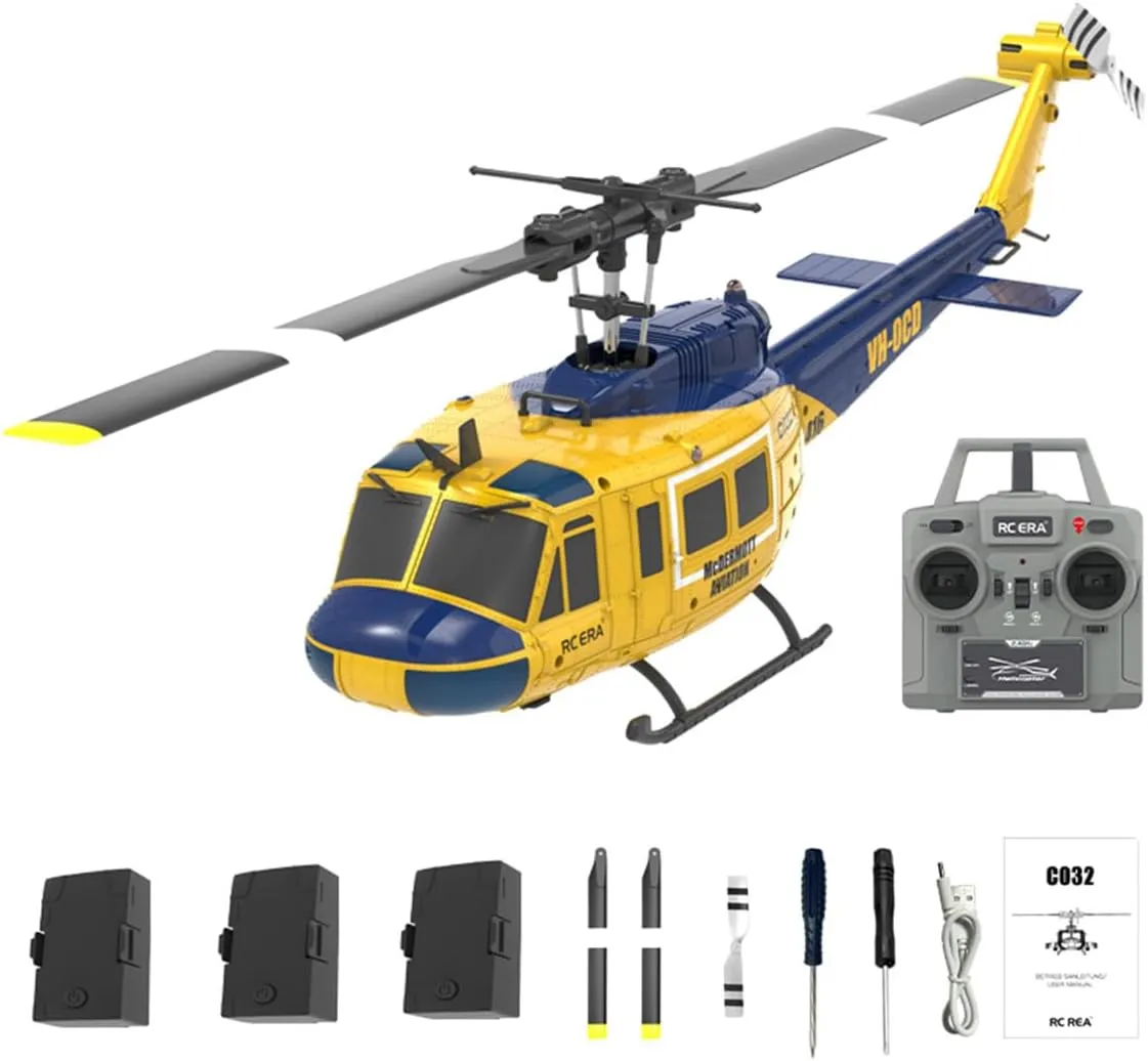 1/48 C032 RC Helicopter Model, UH-1 Huey 2.4G 6CH Flybarless Helicopter Optical Flow Positioning for Inverted Flight (RTF Version/Yellow-Blue) Battery
