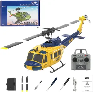 1/48 C032 UH-1 Huey RC Helicopter, 2.4G 6CH 3D Stunt Flybarless Gyro Helicopter, Optical Flow & Altitude Hold and Brushless Motor, Remote Control Toys Gift (RTF Version)