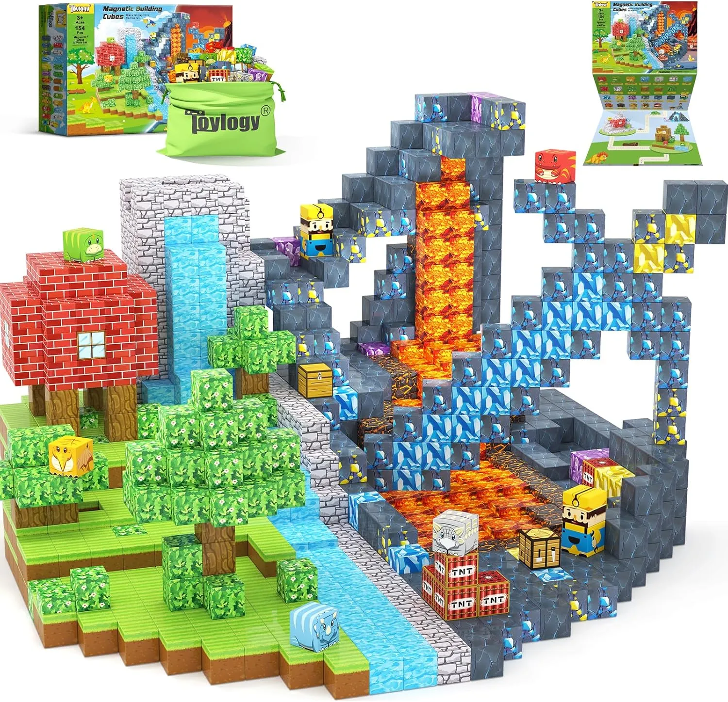 154PCS Dinosaur Toys Magnetic Blocks-Build Mine Magnet World Forest Mine Edition, Dino Adventure Magnetic Building Sensory STEM Kids Toys for Boys Age 3 ,Magnet Games for Boys Girls 3-5 4-6 5-7 6-8