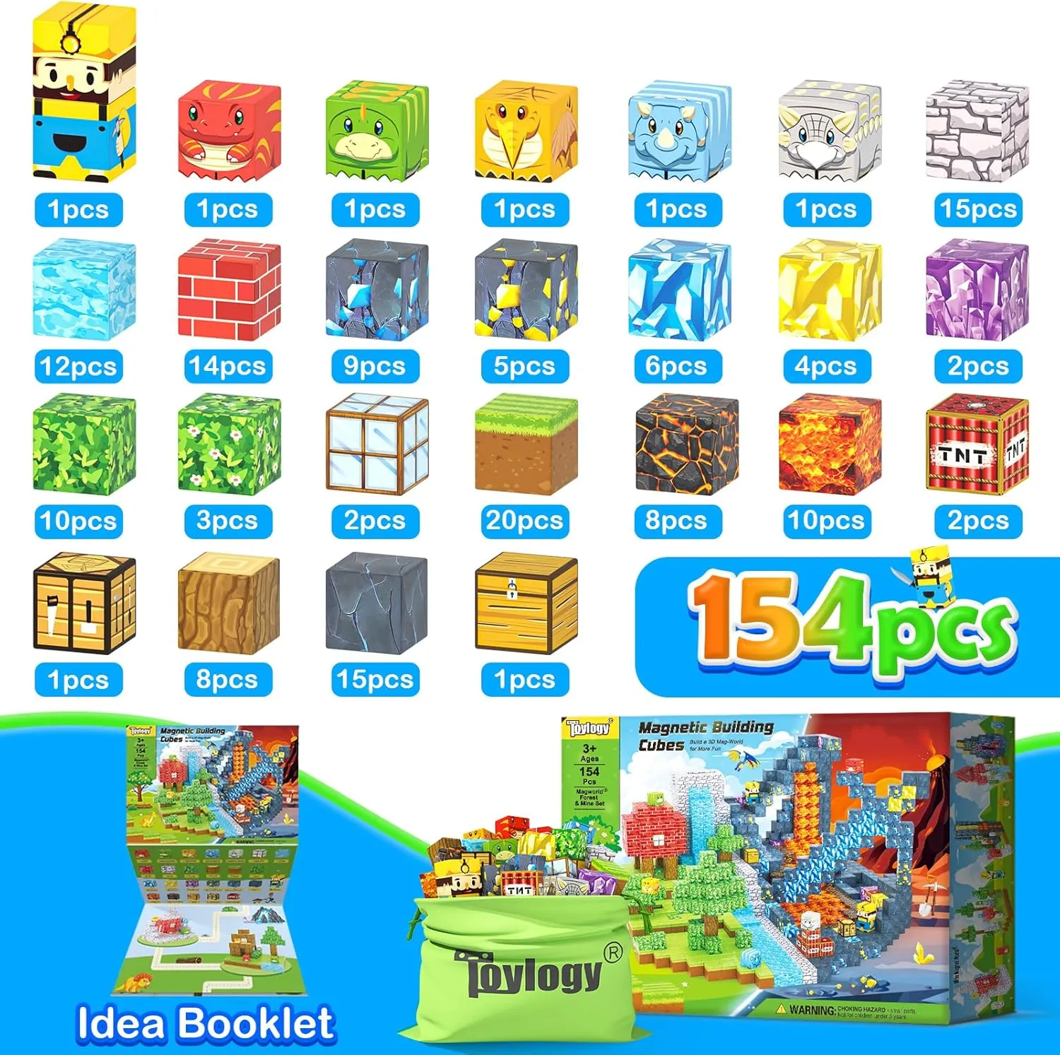154PCS Dinosaur Toys Magnetic Blocks-Build Mine Magnet World Forest Mine Edition, Dino Adventure Magnetic Building Sensory STEM Kids Toys for Boys Age 3 ,Magnet Games for Boys Girls 3-5 4-6 5-7 6-8