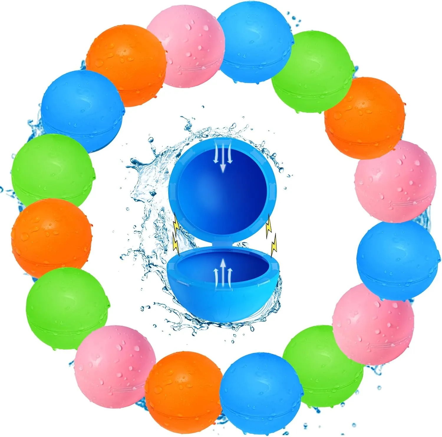 16 Pcs Reusable Water Balloons, Refillable Water Bomb Splash Balls Quick Fill Self Sealing, Summer Water Toy for Outdoor Activities