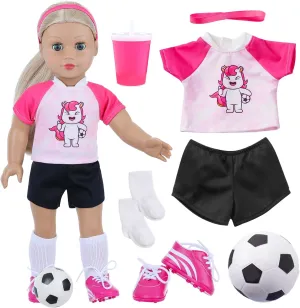 18 Inch Doll Accessories Football Sport Set - 7PCS Includes Headband, Tops, Shorts, Shoes, Mini Soccer Ball, Socks & Water Bottle for American Doll Pretend Play, Gifts
