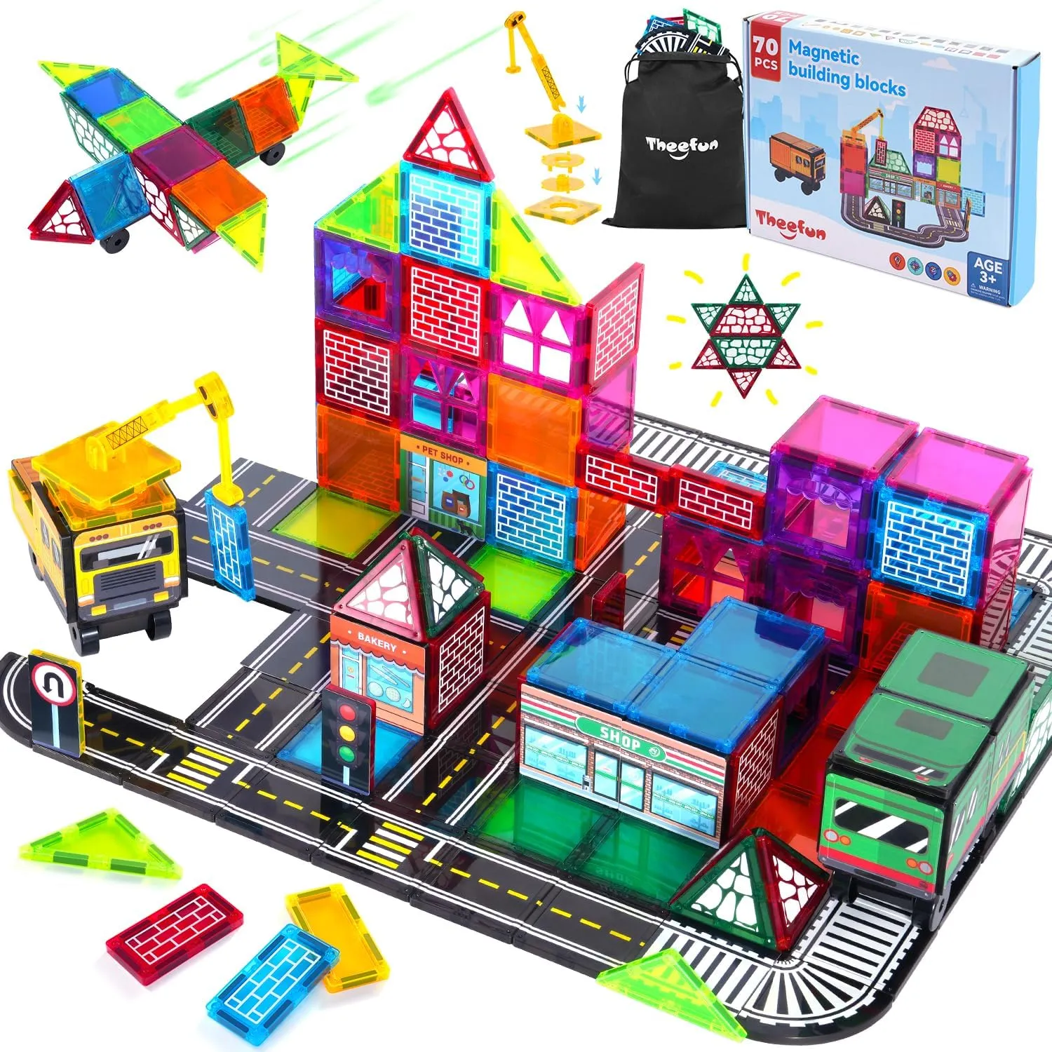 180 PCS Magnetic Tiles with Road Set, Crane, Train, 4 Cars, 5 Animals Magnetic Building Blocks STEM Educational Magnet Toy for Kids 3  Years Old