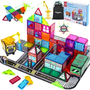 180 PCS Magnetic Tiles with Road Set, Crane, Train, 4 Cars, 5 Animals Magnetic Building Blocks STEM Educational Magnet Toy for Kids 3  Years Old