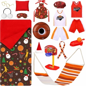 1 Set Christmas Doll Accessories Kits 2024 Includes Apron Chef Hat Hammock Swing Sleeping Bag Bathrobe Sweater Dress Headwear Scarf Ear Muffs Eye Mask Glasses Shoes for Doll(Basketball)