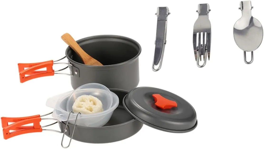 1set Portable Camping Cookware Non-Stick Cooking Utensils for Hiking Picnics Compact Outdoor Cookware Kitchen Essentials Easy to Clean for Camping Adventures