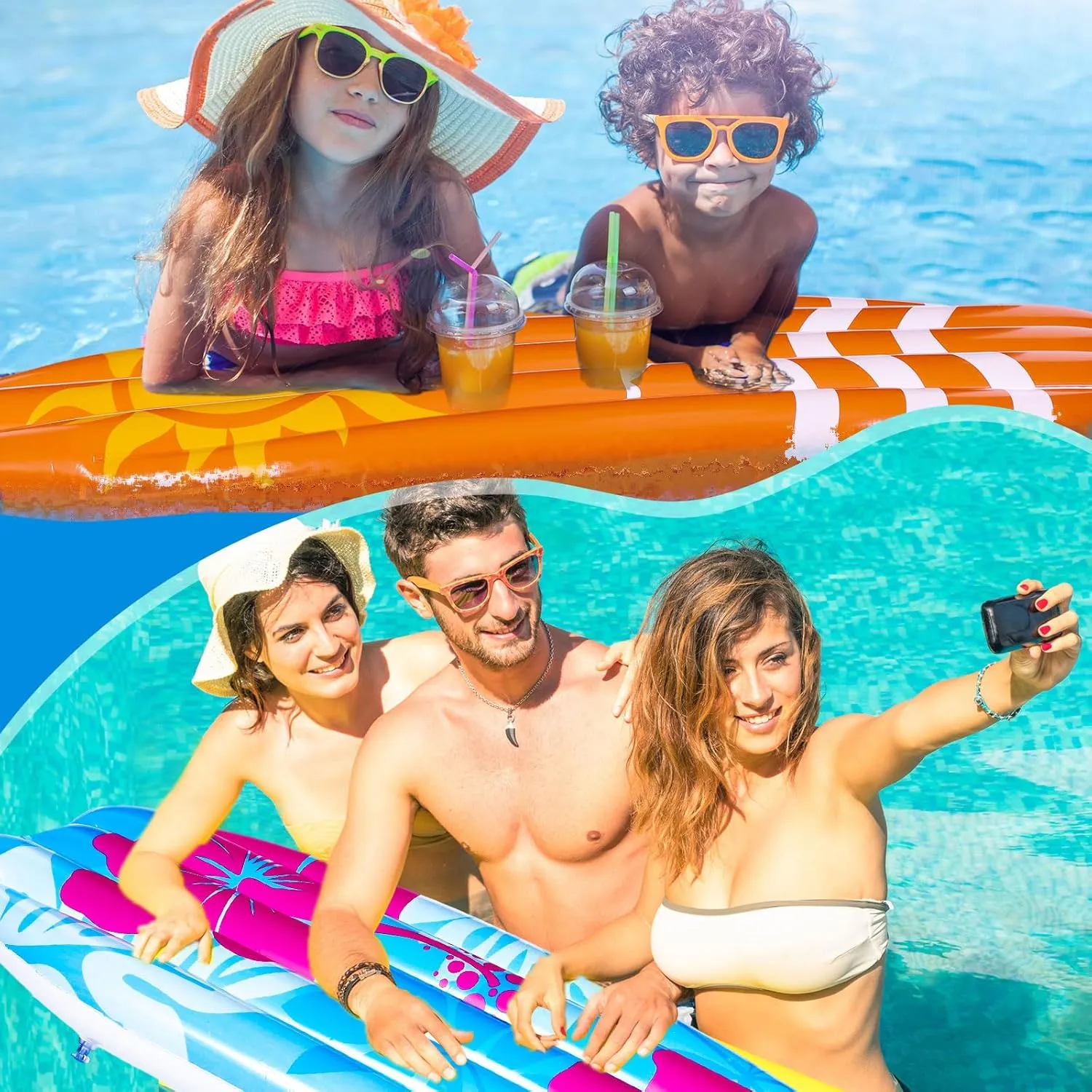 2 Pcs 60" Long Inflatable Surf Board Luau Decoration Theme Beach Pool Toy Tropical Inflatable Surfboard Pool Float Board Beach Party Decorations for Kids Adults Summer Hawaiian Theme Party