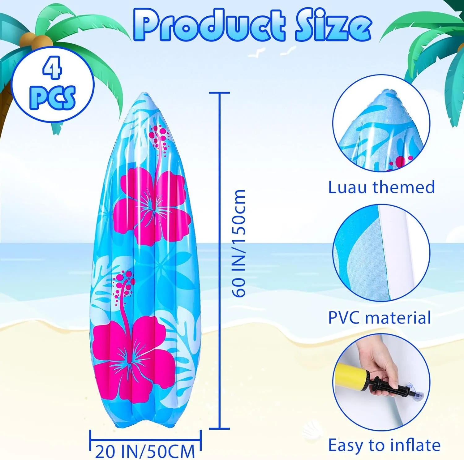 2 Pcs 60" Long Inflatable Surf Board Luau Decoration Theme Beach Pool Toy Tropical Inflatable Surfboard Pool Float Board Beach Party Decorations for Kids Adults Summer Hawaiian Theme Party