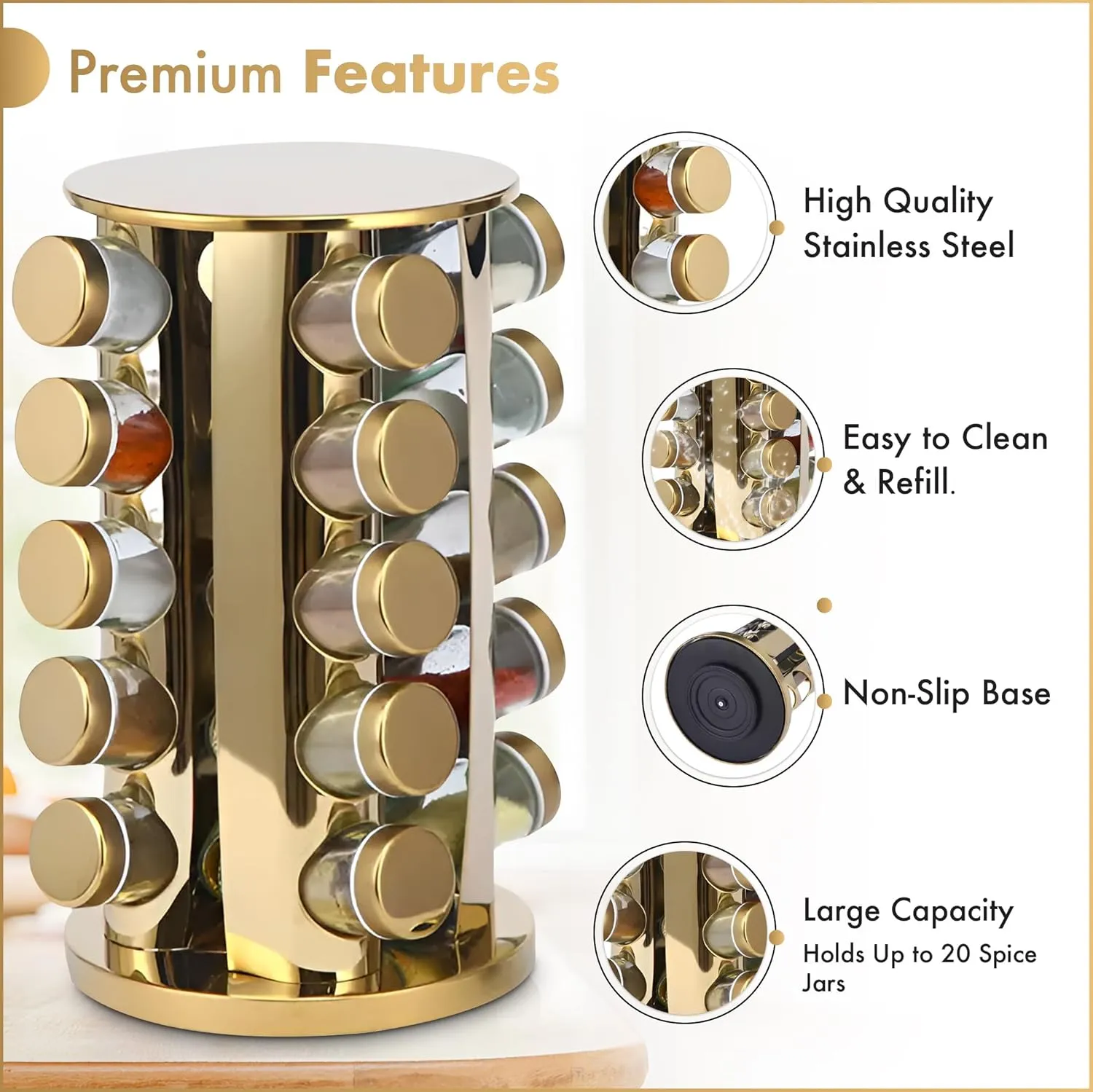20 Jar Revolving Countertop Spice Rack, Polished Stainless Steel (Gold)
