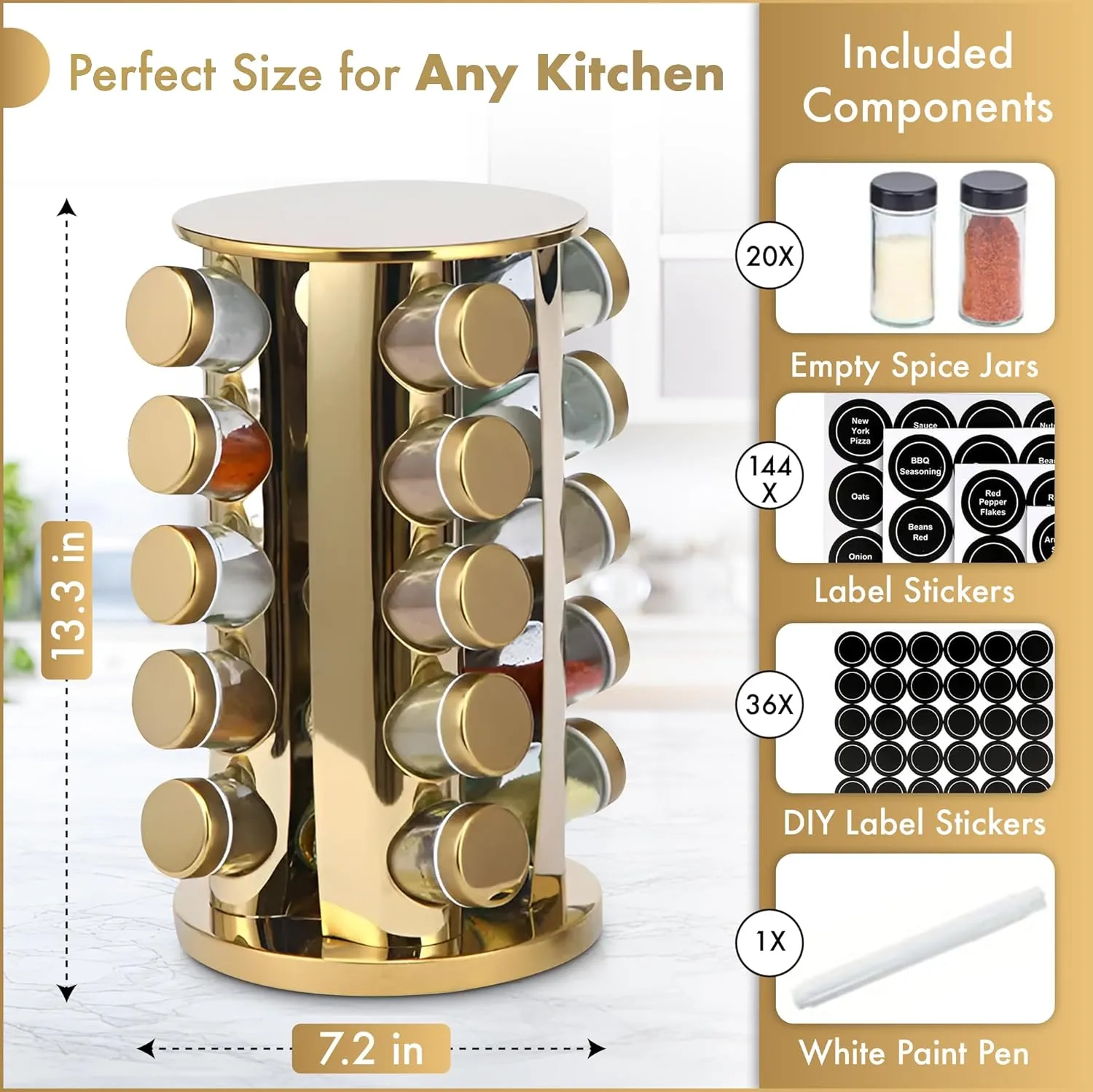 20 Jar Revolving Countertop Spice Rack, Polished Stainless Steel (Gold)