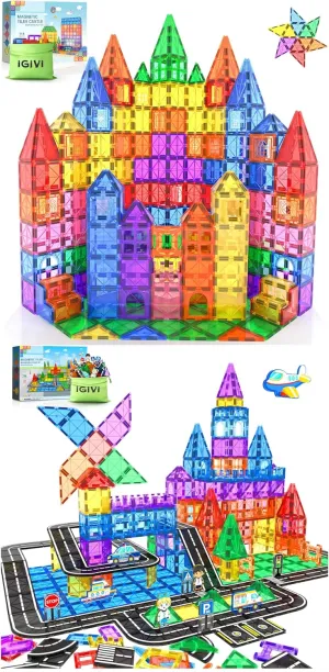 222 PCS Magnetic Tiles Road Set with Car Toys, STEM Magnet Building Blocks for Kids Toddler Toys Games, Idea Christmas Birthday Gifts for 3  Year Old Boys Girls, Preschool Classroom Must Haves