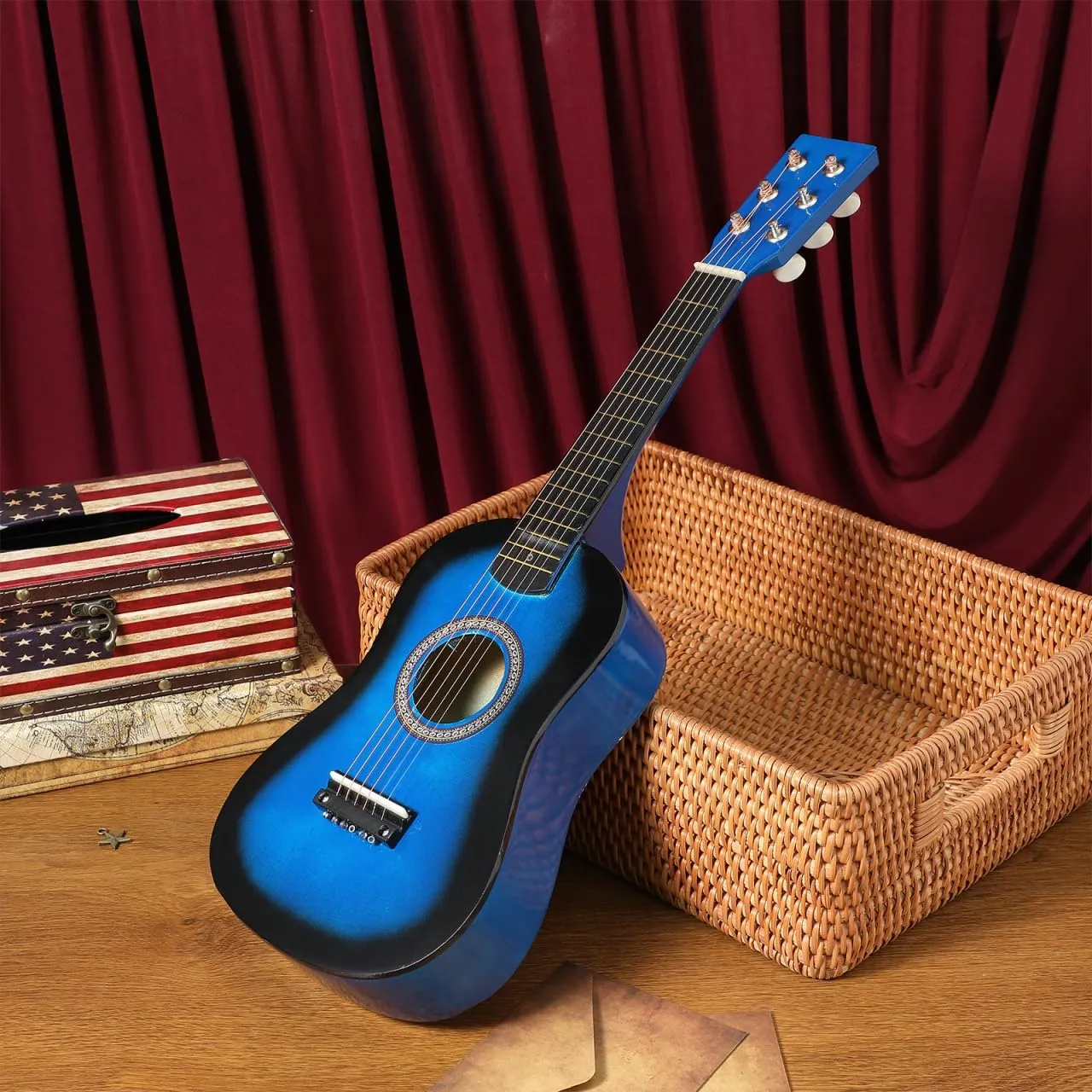 23 Inch Kids Acoustic Guitar, Beginner Folk Guitar, 6-String Wooden Toy Guitar for Children, Blue, Ideal for Learning and Entertainment