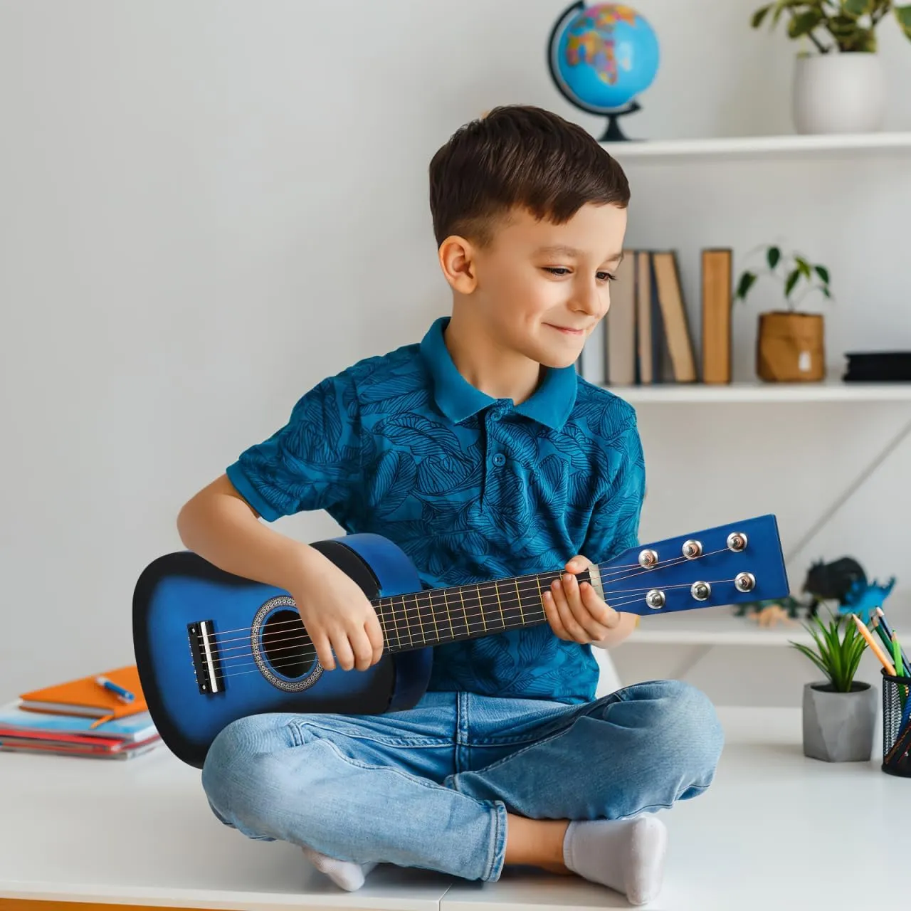 23 Inch Kids Acoustic Guitar, Beginner Folk Guitar, 6-String Wooden Toy Guitar for Children, Blue, Ideal for Learning and Entertainment