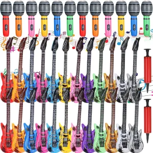 24 Pcs Colorful Inflatable Instruments Rock Star Toy Set Including 12 Pcs Plastic Microphones, 12 Inflatable Guitars and 1 Inflator for Musical Concert Themed Party Decoration