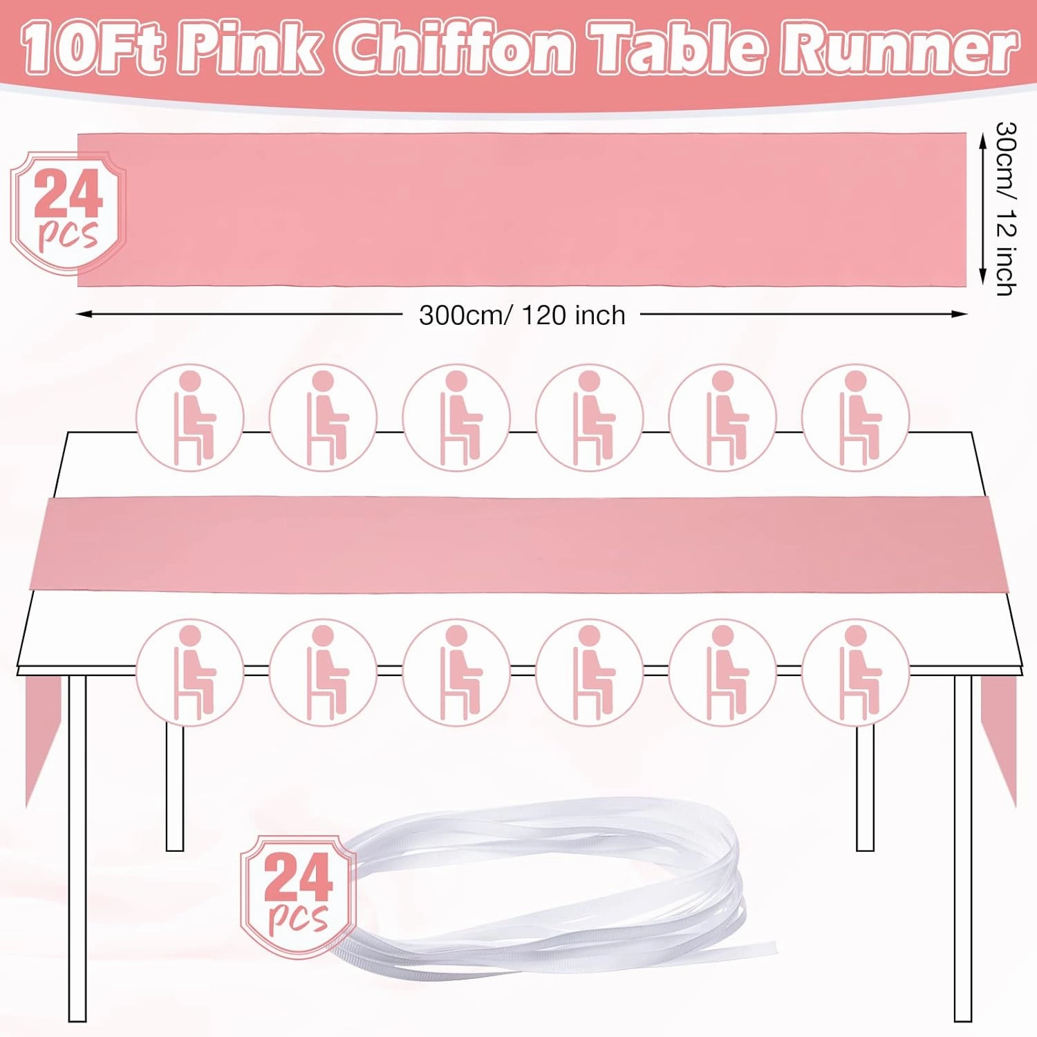 24 Pack Chiffon Table Runner Romantic Sheer Table Runners Long Tulle Decorations for Wedding Bridal Shower Birthday Party Supplies, 120 x 12 Inch(Dusty Rose)