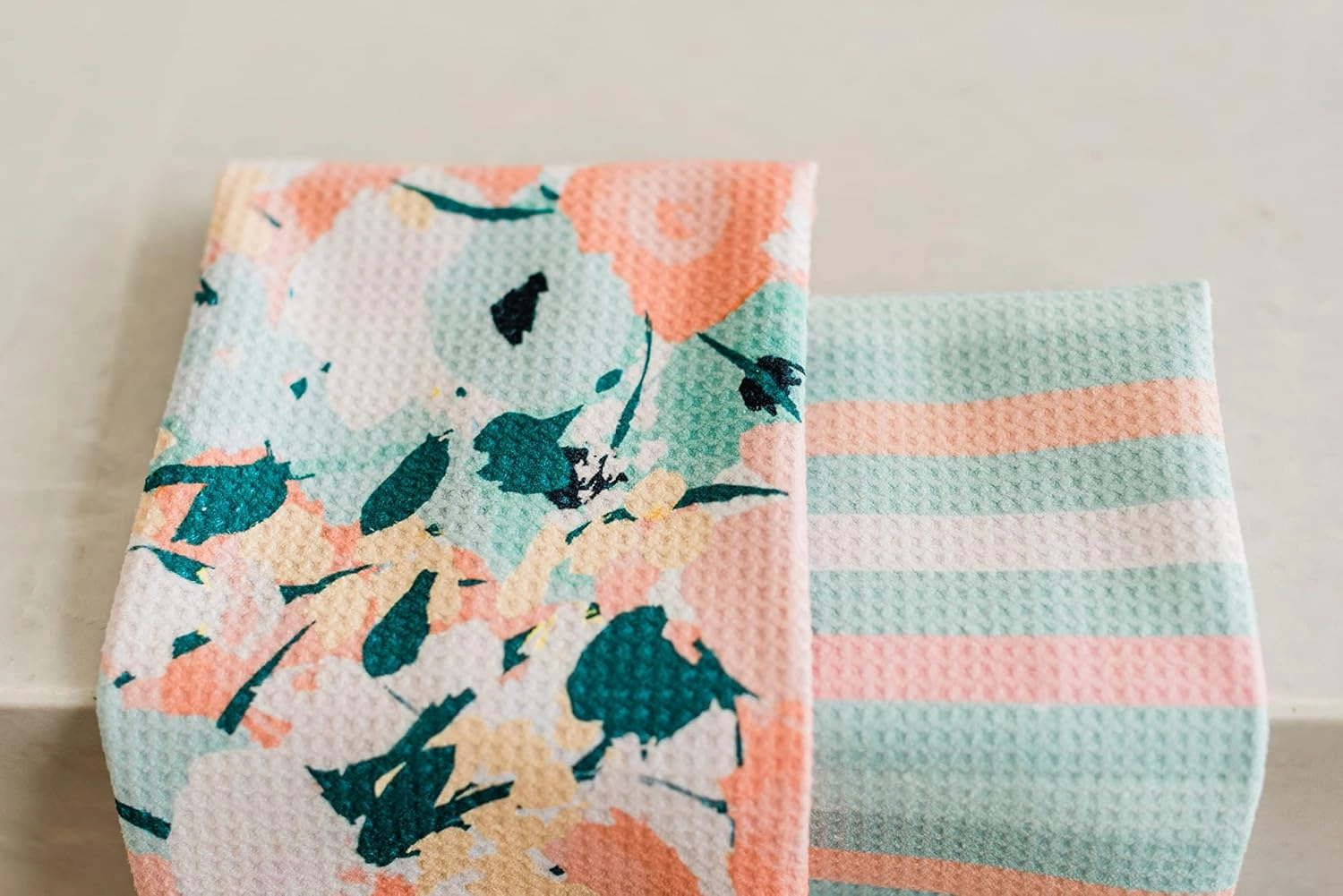 2 Pack Double Sided || Not Your Ordinary Kitchen Towels || Dish Towels || Quick Dry || Waffle Weave Microfiber || Highly Absorbent || Hanging Hook (Floral and Stripe Spring)