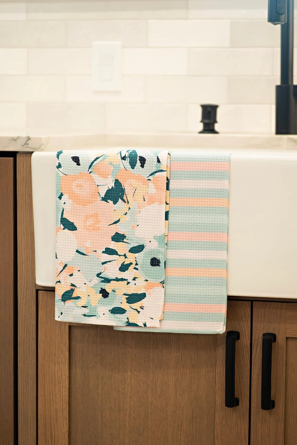 2 Pack Double Sided || Not Your Ordinary Kitchen Towels || Dish Towels || Quick Dry || Waffle Weave Microfiber || Highly Absorbent || Hanging Hook (Floral and Stripe Spring)