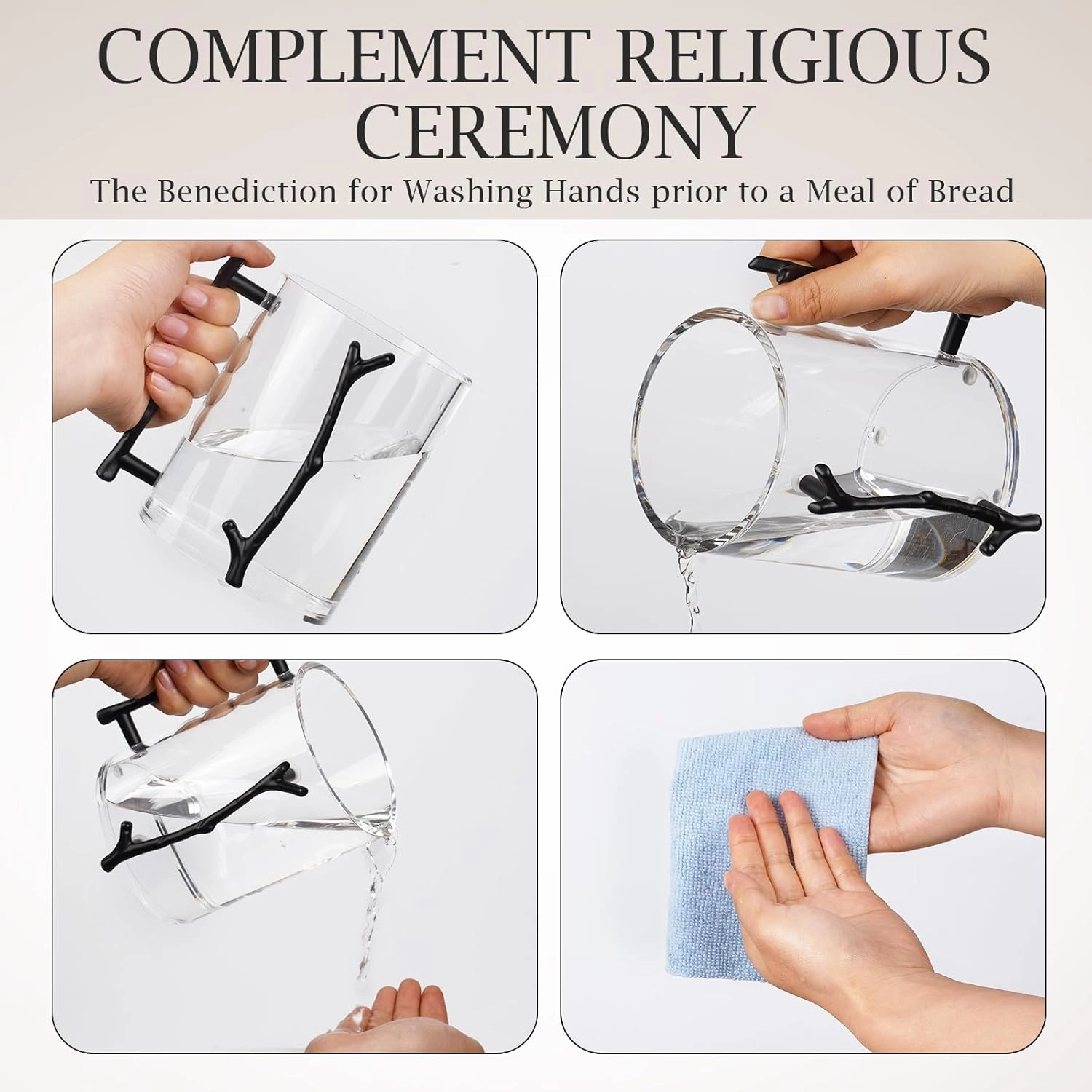 2 Pcs Judaica Hand Washing Cup with Dual Handles, Clear Acrylic Hand Washing Cup for The Jewish Ritual & Netilat Yadayim (Black Handle)