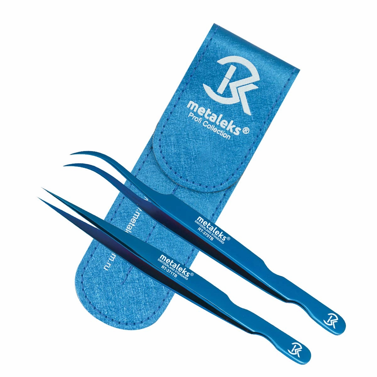 2Pcs Eyelash Extension Tweezers Set Made of Japanese Stainless Steel with Pouch (Blue Titanium Coated)