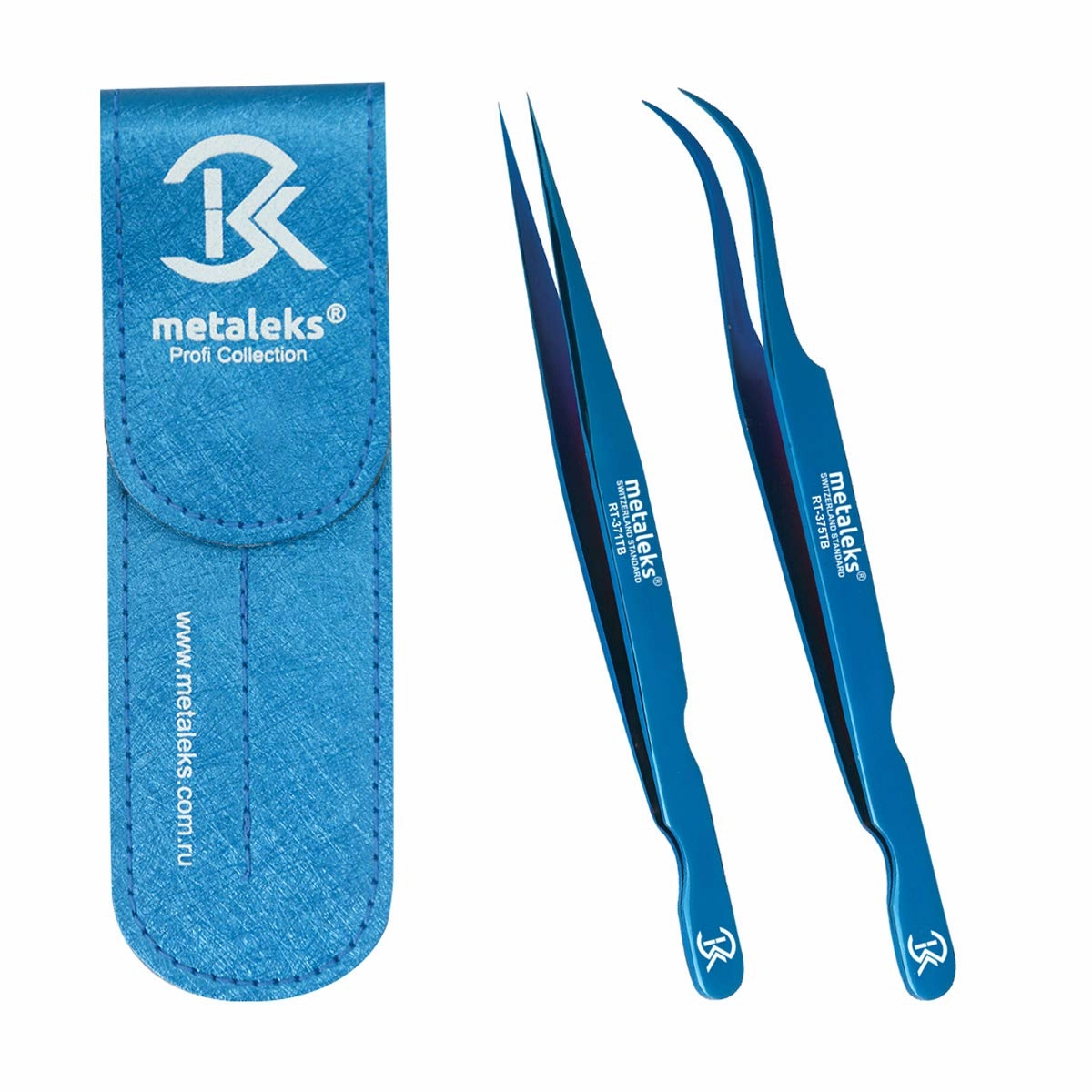 2Pcs Eyelash Extension Tweezers Set Made of Japanese Stainless Steel with Pouch (Blue Titanium Coated)