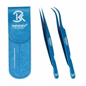 2Pcs Eyelash Extension Tweezers Set Made of Japanese Stainless Steel with Pouch (Blue Titanium Coated)