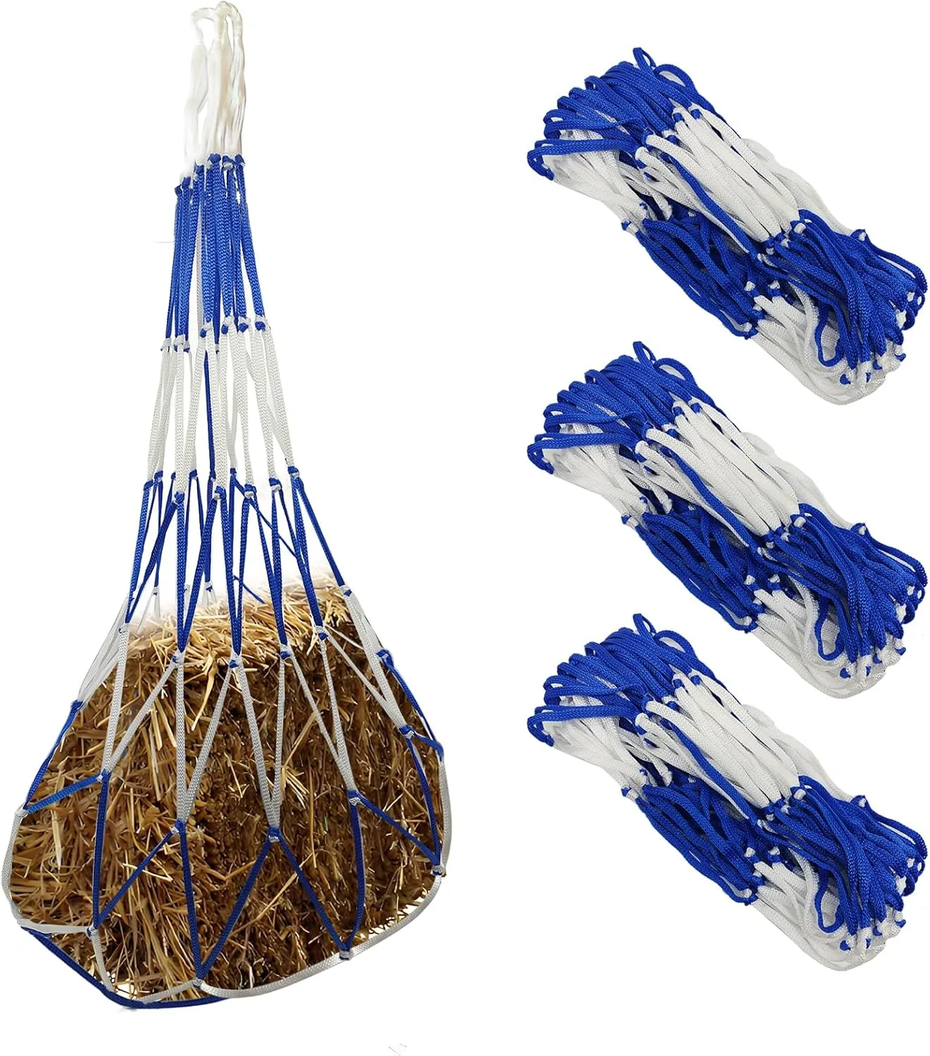 3 PCS Slow Feed Hay Bag Hay Net for Horses,Goats,Sheep,Donkey 40 Inch Length with 6 x 6”Mesh Holes Livestock Supplies Hanging Hay Nets for Trailer and Stall (Blue White)