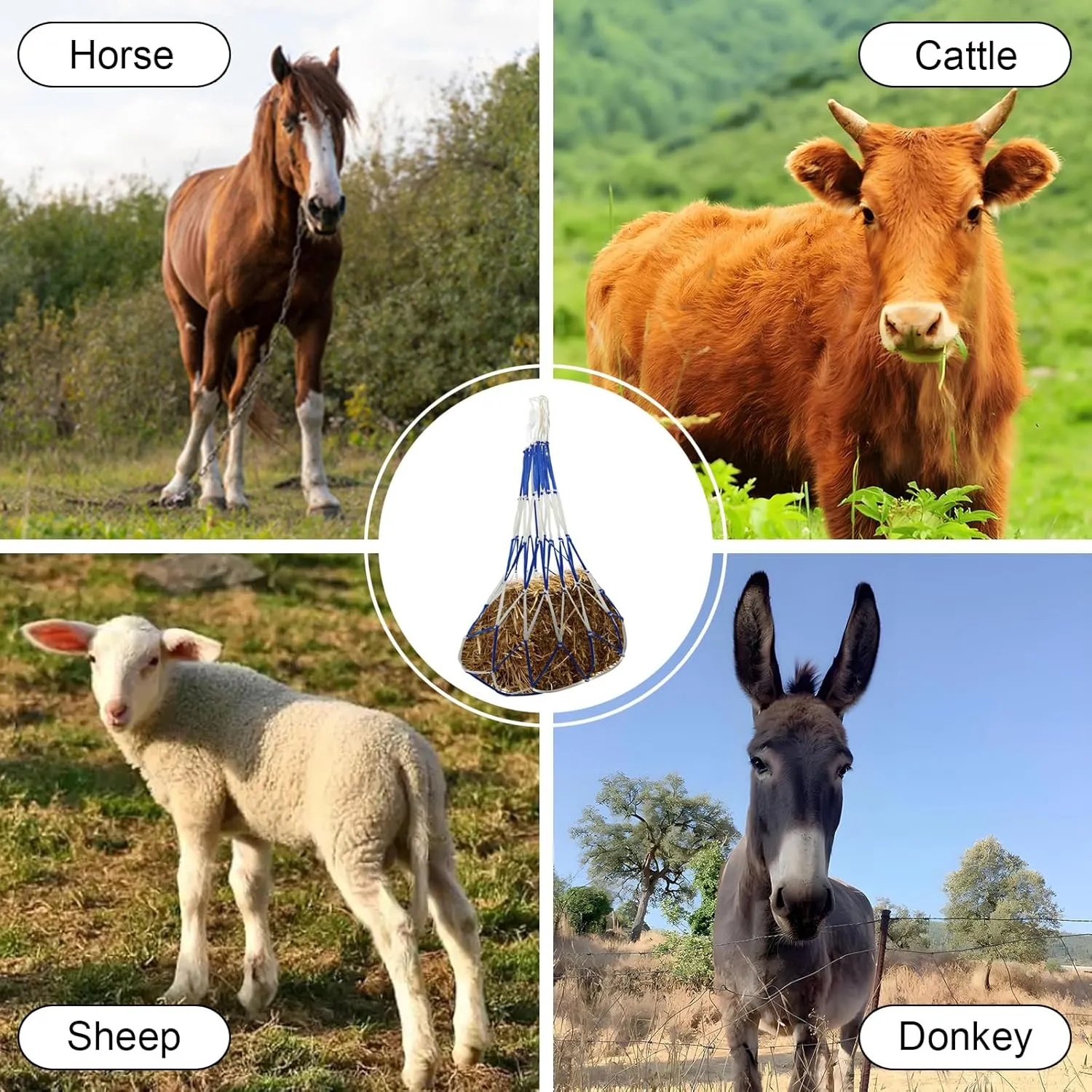 3 PCS Slow Feed Hay Bag Hay Net for Horses,Goats,Sheep,Donkey 40 Inch Length with 6 x 6”Mesh Holes Livestock Supplies Hanging Hay Nets for Trailer and Stall (Blue White)