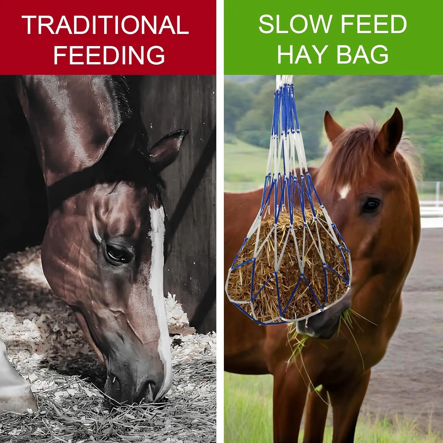 3 PCS Slow Feed Hay Bag Hay Net for Horses,Goats,Sheep,Donkey 40 Inch Length with 6 x 6”Mesh Holes Livestock Supplies Hanging Hay Nets for Trailer and Stall (Blue White)