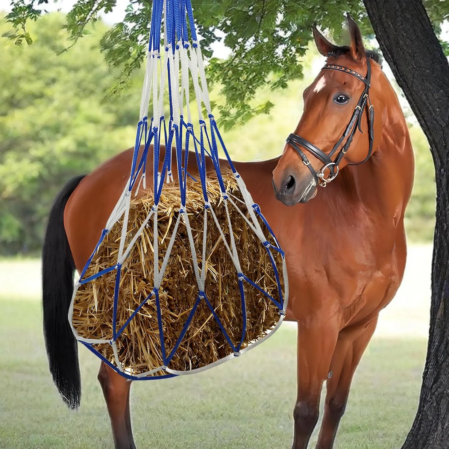 3 PCS Slow Feed Hay Bag Hay Net for Horses,Goats,Sheep,Donkey 40 Inch Length with 6 x 6”Mesh Holes Livestock Supplies Hanging Hay Nets for Trailer and Stall (Blue White)